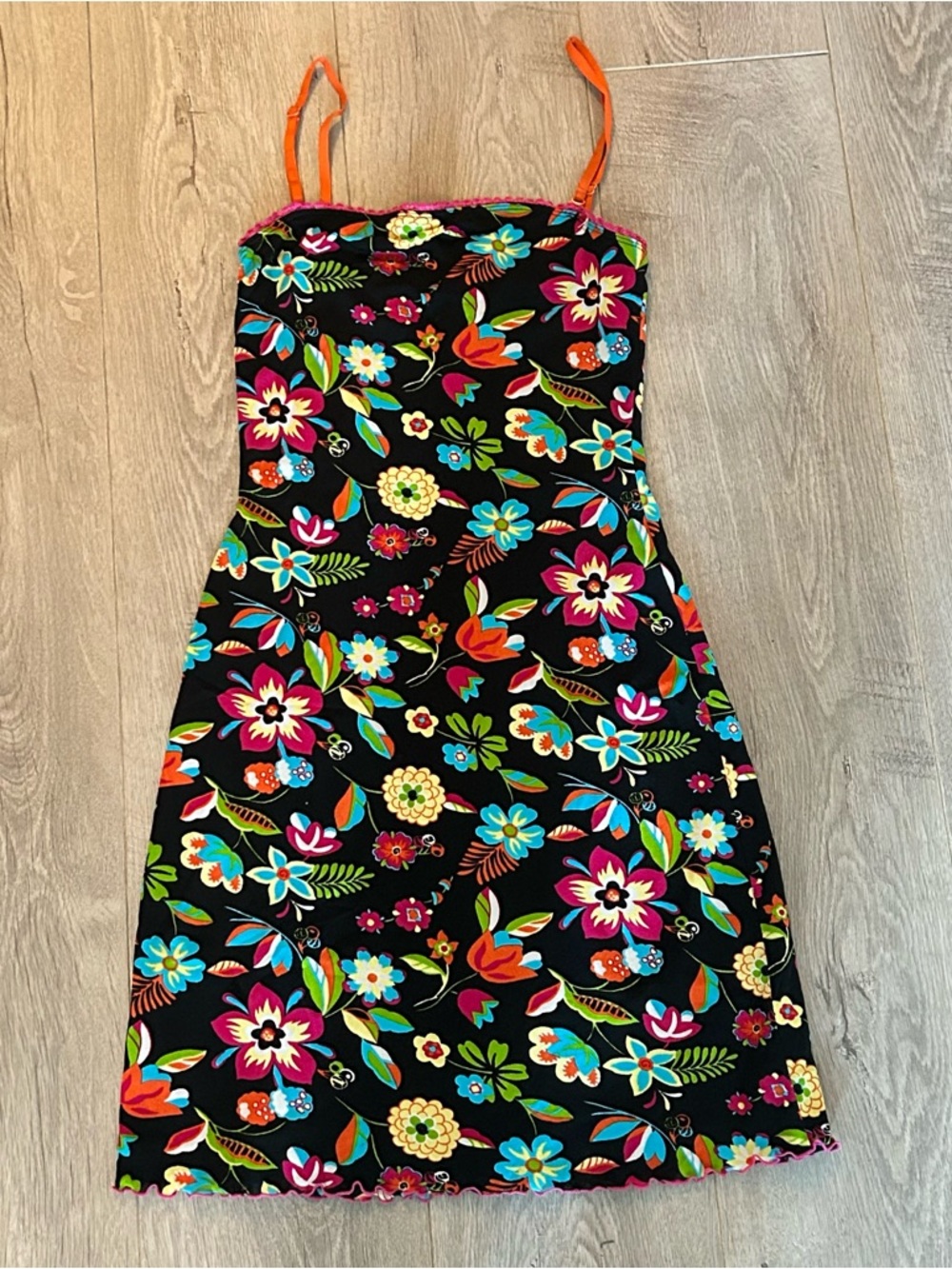 Guess Black Floral Slip Dress with Orange Straps